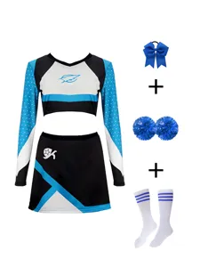 Ensemble de costume de pom-pom girl à manches longues bleu pour femmes, avec haut, jupe et chaussettes.