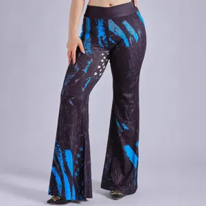 Women's high waist flared pants with trendy blue and black abstract flag print and stars.