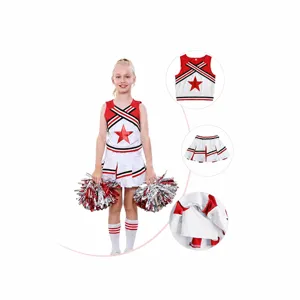 Girls Cheerleading Costume Set Polyester Star Pleated Skirt Performance Dancewear With Poms Sporty Team Uniform Top And Bottom
