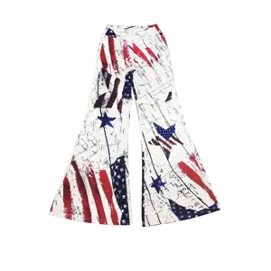 Women vintage American flag map print flare pants high waist casual long trousers