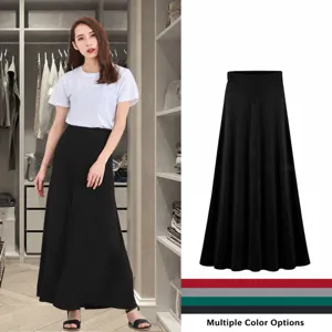 Women High Waist A-Line Pleated Long Skirt Lycra Spandex Solid Casual Office Midi Skirt Autumn Summer Lady Bottom Wear