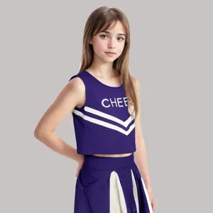 Detailed view of purple sleeveless cheerleading crop top and skirt set with letter print
