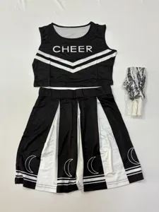Black and white cheerleading uniform crop top and skirt set with cute moon prints and pom-poms.