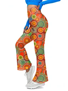 Detailed side view of high waist colorful retro printed flare yoga pants, elastic slim fit.