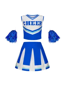 Blue and white cheerleading costume detail showing the crop top, skirt and pom poms.