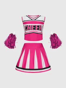 Detalles del conjunto de disfraz de animadora infantil, falda plisada rosa y top corto.
