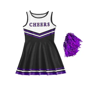 Kids cheerleader costume set with black white dress and purple pom poms for dance performance.