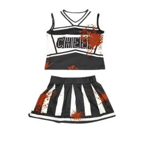 Halloween kids cheerleader costume set, black and white crop top and skirt with bloody print.