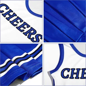 Kids cheerleading dress details, blue and white uniform with CHEERS letter print for performance.