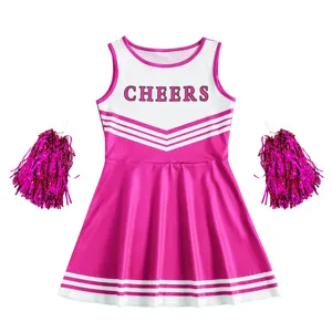Kids cheerleader costume set with dress and pom poms for school sports dance performance detail.