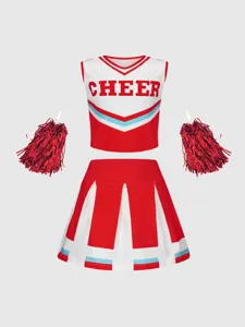 Details of red and white kids cheerleading uniform set with pleated skirt and pompoms.