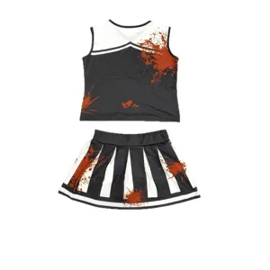 Halloween bloody cheerleader costume set for kids, black and white spooky performance outfit.