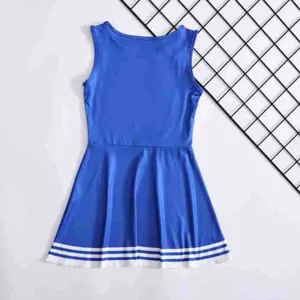 Blue cheerleading costume detail, sleeveless design with white stripe hem, kids dance wear