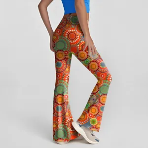 Women High Waist Flare Pants Geometric Printed Slim Fit Yoga Sports Long Trousers Casual Elastic Stretch Bottoms