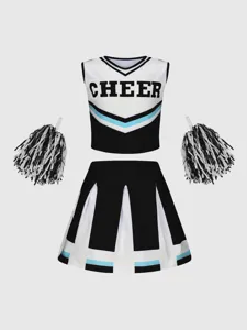 Kids cheerleading uniform set crop top pleated skirt with pom pom for school sports