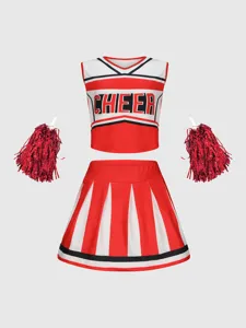 Conjunto uniforme animadora rojo blanco top corto falda plisada con pompones baile.