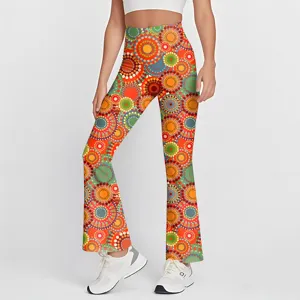 High waist yoga flare pants for women, slim fit stretch dance workout trousers with vibrant retro dot print.