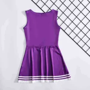 Purple sleeveless kids cheerleading dress detail showing pleats and white hem stripes.