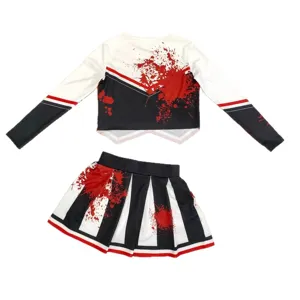 Detailed view of Halloween zombie cheerleading costume set with red blood splatter print.