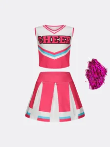 Kids cheerleader costume set crop top pleated skirt with pom poms for sports performance.