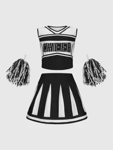 Conjunto de uniforme de animadora en blanco y negro con top corto y falda plisada.