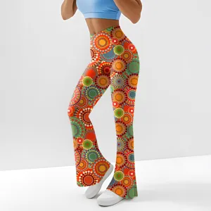 Womens high waist retro colorful printed flare pants stretch yoga trousers casual leggings.