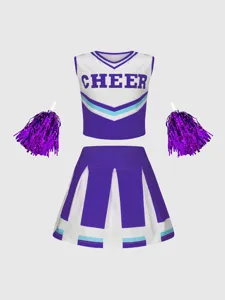 Kids cheerleading costume set details, purple and white top, pleated skirt and pom poms.