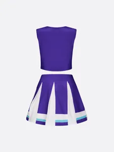 Sleeveless purple crop top and pleated skirt detail, cheerleading costume performance apparel.