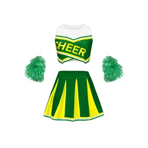 Ensemble de costume de pom-pom girl vert et jaune pour enfants avec top, jupe et pompons.