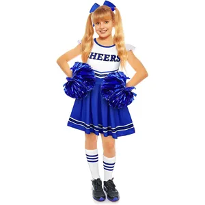 Kids cheerleading costume blue white dress performance outfit with pompoms for girls
