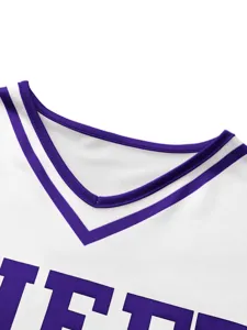 Children cheerleading uniform detail shot, white and purple v-neck stage performance outfit.