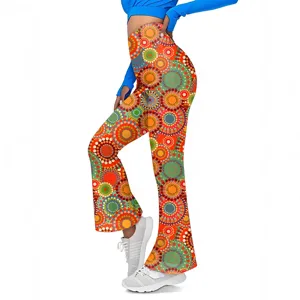 Women's slim-fit stretchy flare yoga pants with vibrant mandala print for fitness and dance.