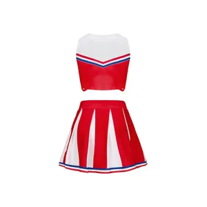 Ensemble de cheerleading rouge blanc bleu haut court et jupe plissée enfant détail