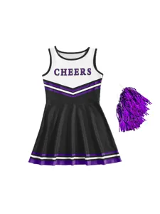 Kids Cheerleading Costume Set Black White Dress with Pom Poms School Sports Dance Uniform