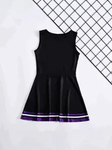Kids black cheerleading dress with purple white stripe hem for school performance dance party.