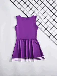 Kids purple cheerleader costume sleeveless dance dress with white stripes active wear outfit