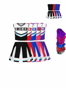 Kids Girls Cheerleading Uniform V-Neck Crop Top Pleated Skirt Pom Poms Stage Performance Top And Bottom Set
