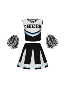Kids cheerleading uniform set sleeveless crop top pleated skirt with pom poms performance wear