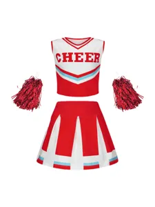 Kids cheerleading uniform outfit set red white blue crop top skirt with two pom poms