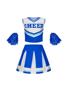 Kids blue cheerleading uniform set with pleated skirt and pom poms for stage performance.