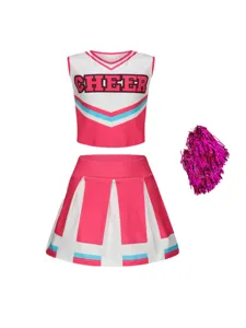Kids cheerleading costume set with crop top, pleated skirt and pom pom for girls performance.