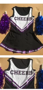 Cheerleading uniform set with sleeveless black white dress and pompoms for sports events.