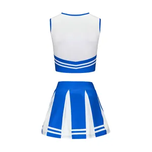Kids blue white cheerleading uniform set crop top pleated skirt for school sports performance.