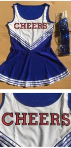 Blue white cheerleading costume set with pom poms for women stage performance sport event.