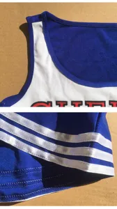 Cheerleading uniform detail shot featuring blue and white fabric with classic stripe design.