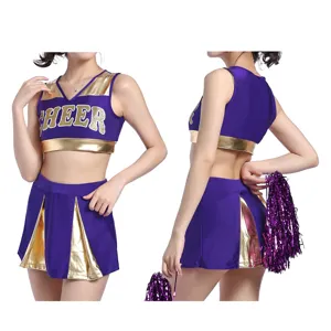 Purple and gold cheerleading costume set, stylish short crop top and skirt for dance.