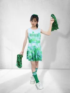 Kids cheerleading costume set with dress, pompoms and socks for girls sports and school team.