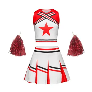 Kids cheerleading uniform set featuring red white crop top pleated skirt and pom-poms for sports.