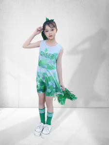 Kids green cheerleading costume sleeveless dress with pom poms for school sports meetings
