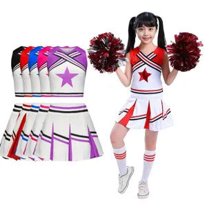 Kids cheerleader costume set featuring crop top, pleated skirt, socks, and colorful pom-poms.